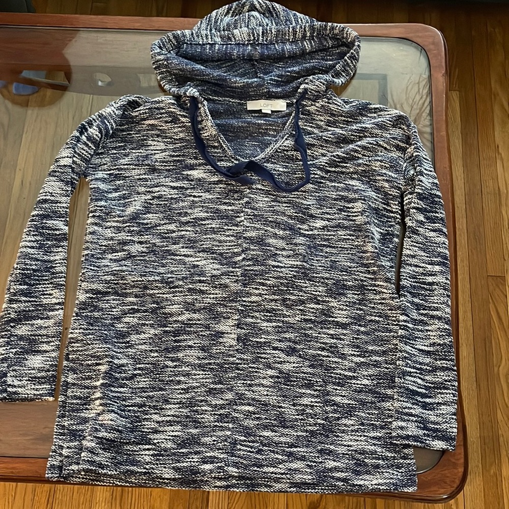 LOFT | Navy & White Spacedye Textured Hoodie Top.